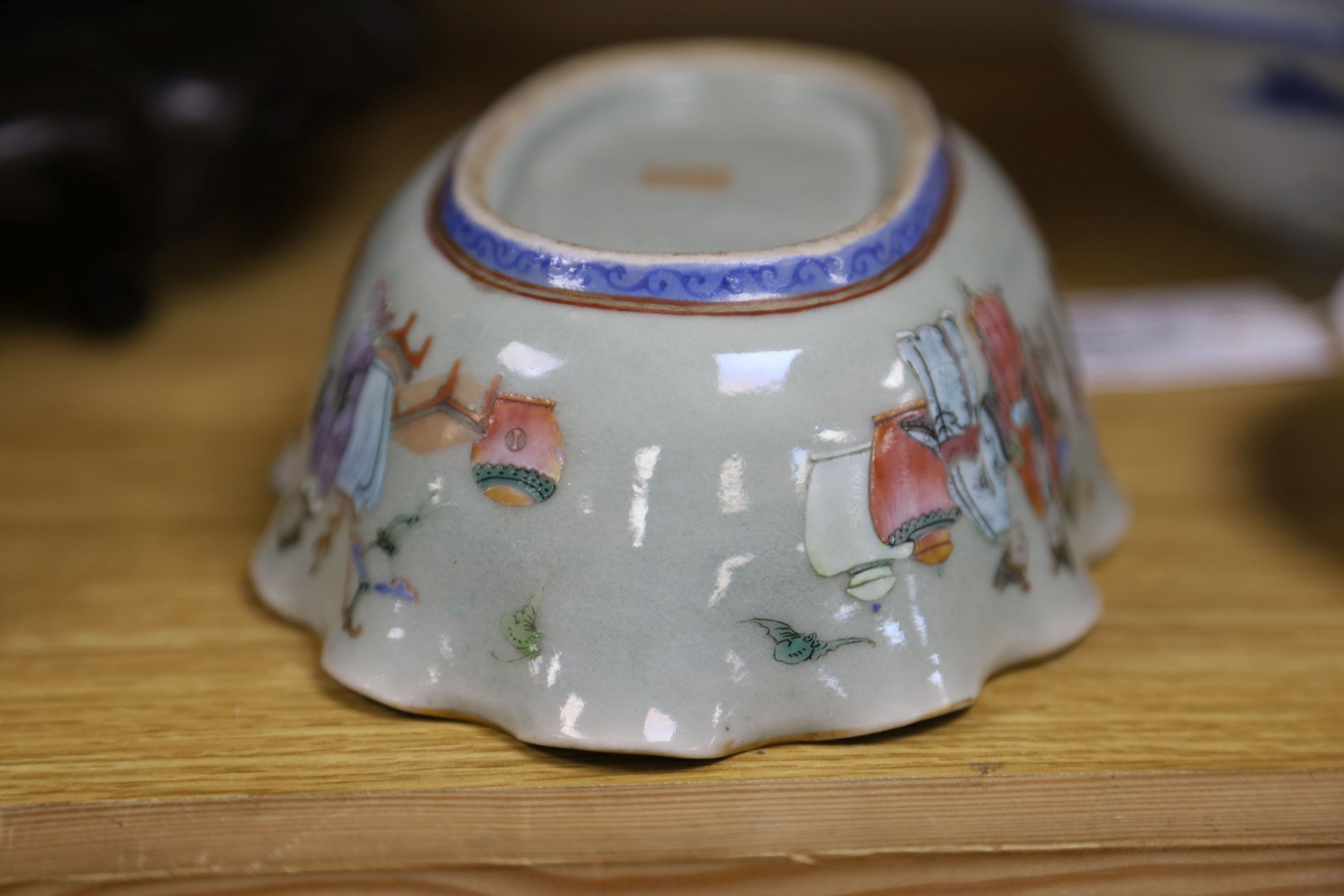 A large early 20th century Chinese cloisonné enamel ‘dragon’ bowl and two Chinese Tongzhi celadon ground famille rose bowls 31cm